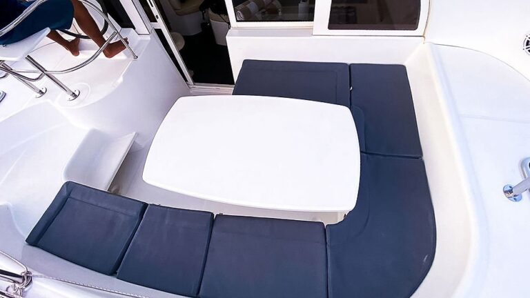 Trampoline bow deck of a catamaran on a Riviera Maya charter