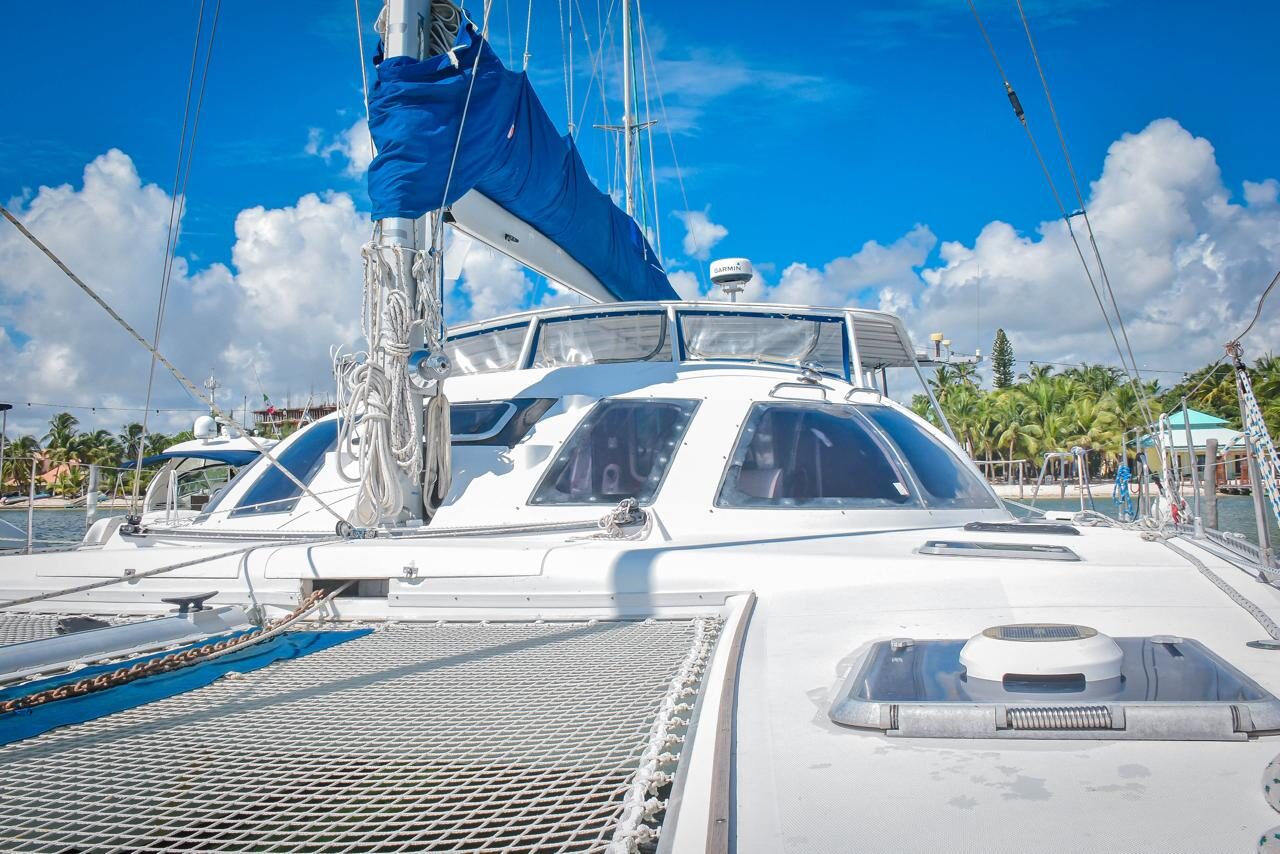 Spacious foredeck of the private catamaran in Cancun